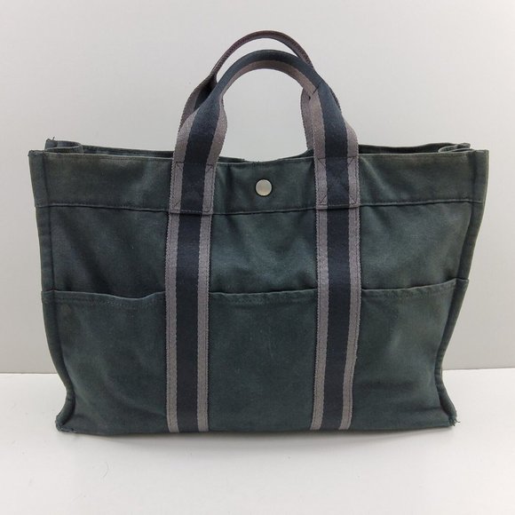 Hermes Fourre Tout Canvas Tote Bag Handbag Satchel Black Grey - Picture 1 of 16